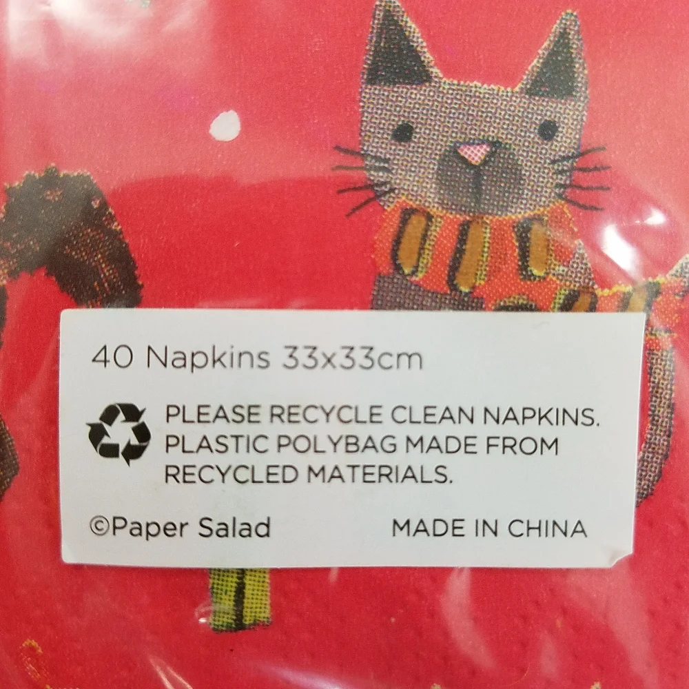 Paper Salad Glick Red Christmas Cat Print Paper Napkins 33x33 cm NWT Holiday